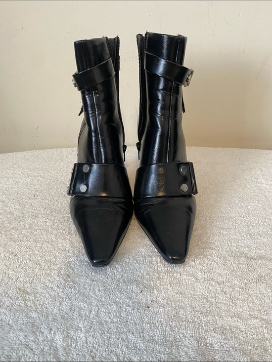 Shoes - Black Pointed-Toe Ankle Boots with Buckle Strap
